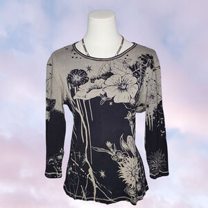 Y2k Blue Canyon AOP Floral Graphic Black Beige Long Sleeve Boho Indie Art Top L